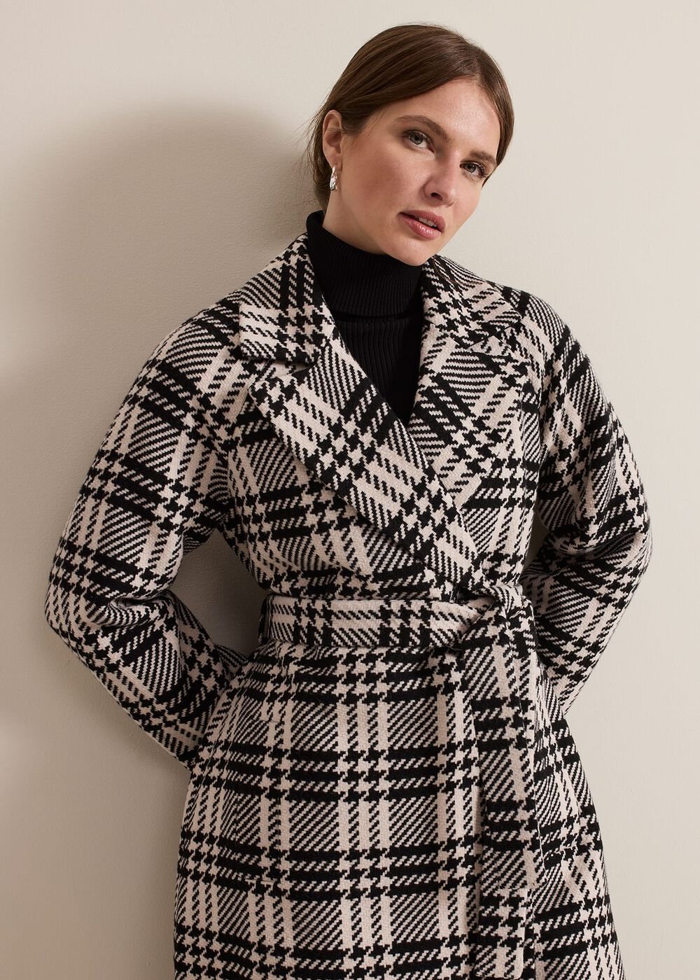 Petite Cassie Check Wool Wrap Coat - Black/Ivory