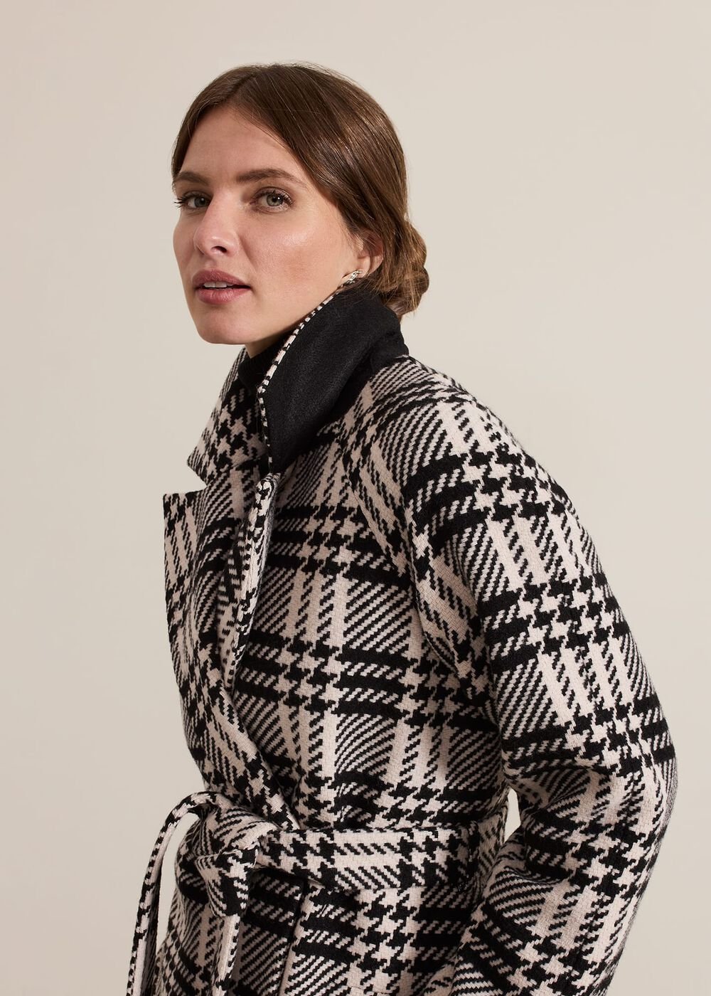 Petite Cassie Check Wool Wrap Coat - Black/Ivory