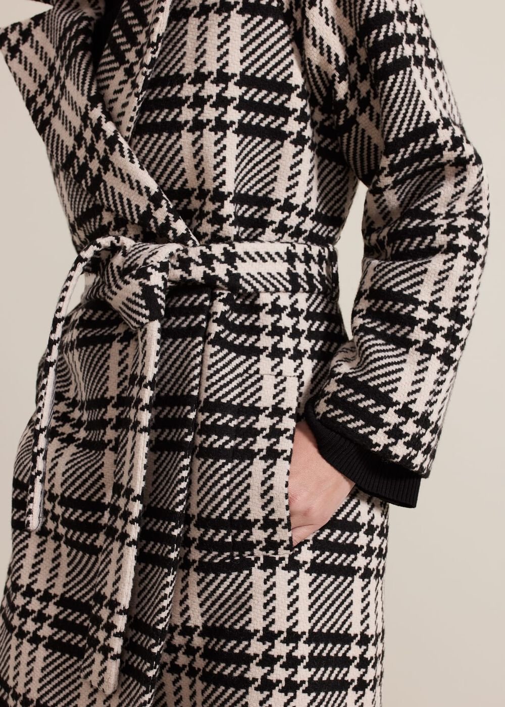 Petite Cassie Check Wool Wrap Coat - Black/Ivory