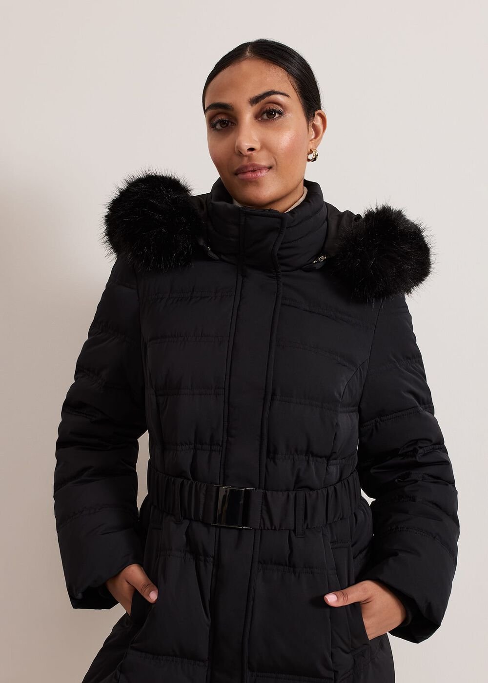Petite Dixie Long Fur Hood Puffer - Black