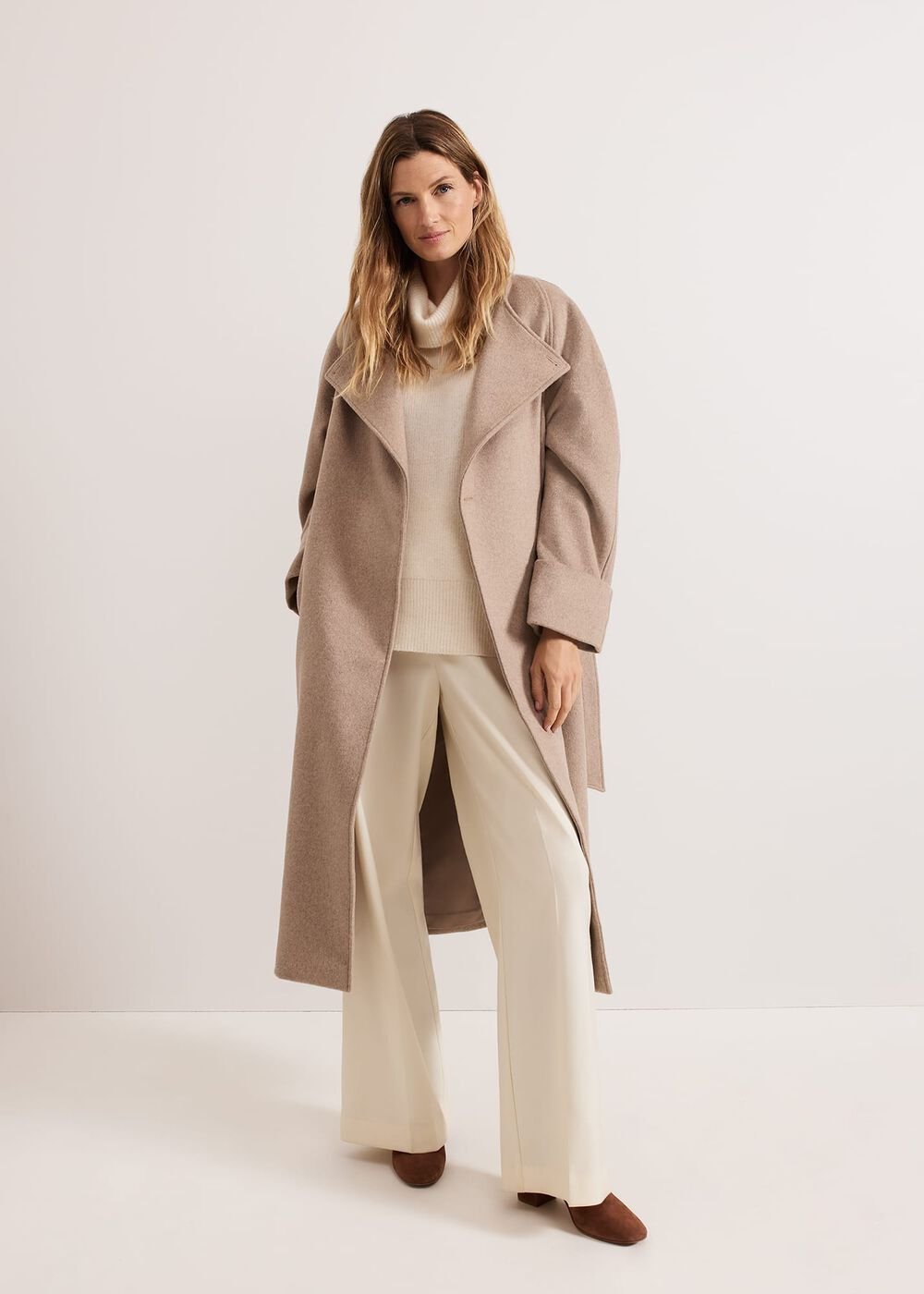 Aoife Collarless Wool Wrap Midi Coat - Neutral